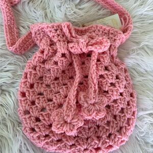Pink Crochet Drawstring Bag